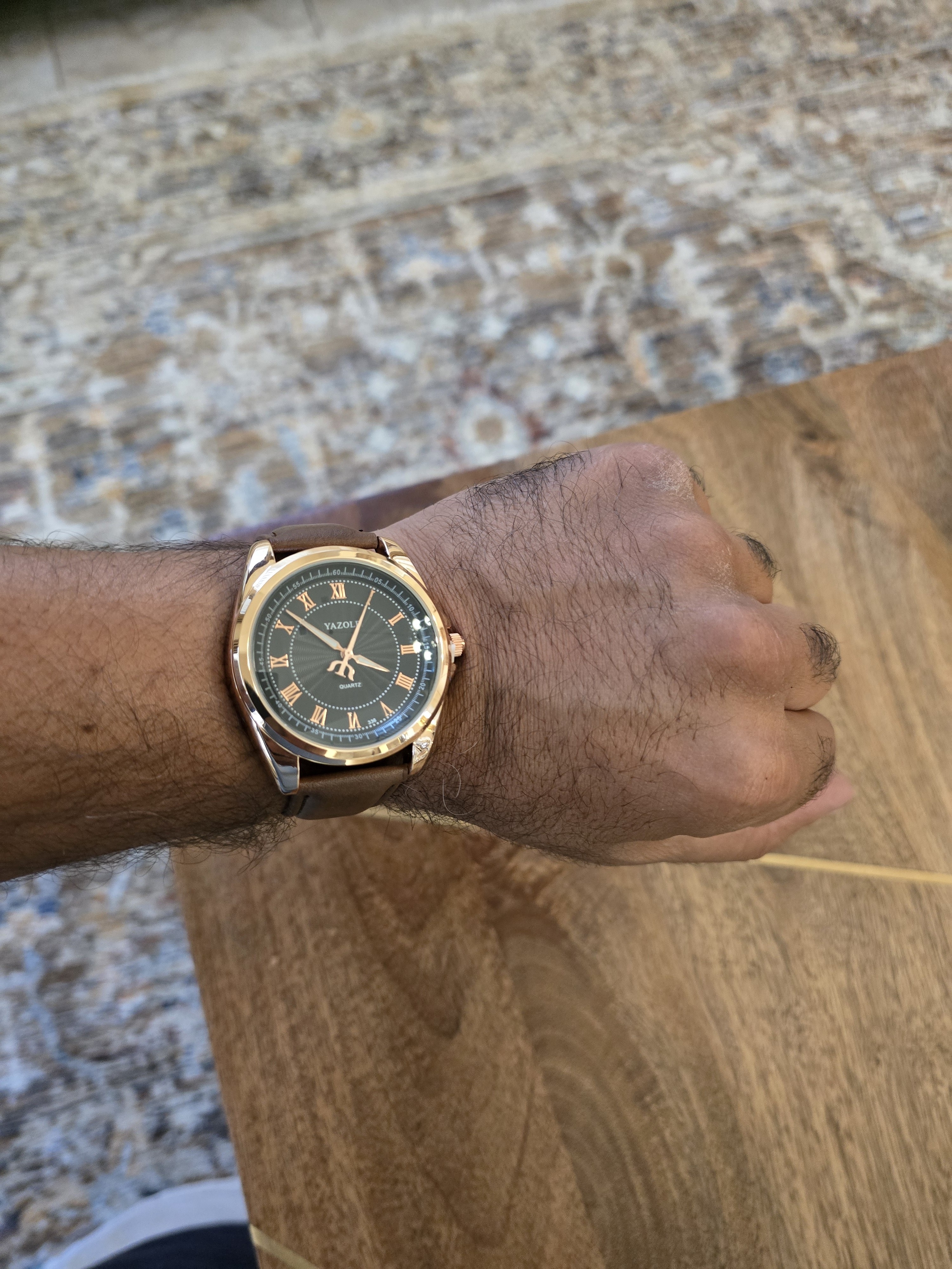 Mens Rose Gold Case Brown Leather Watch With Black Dial Yazole
